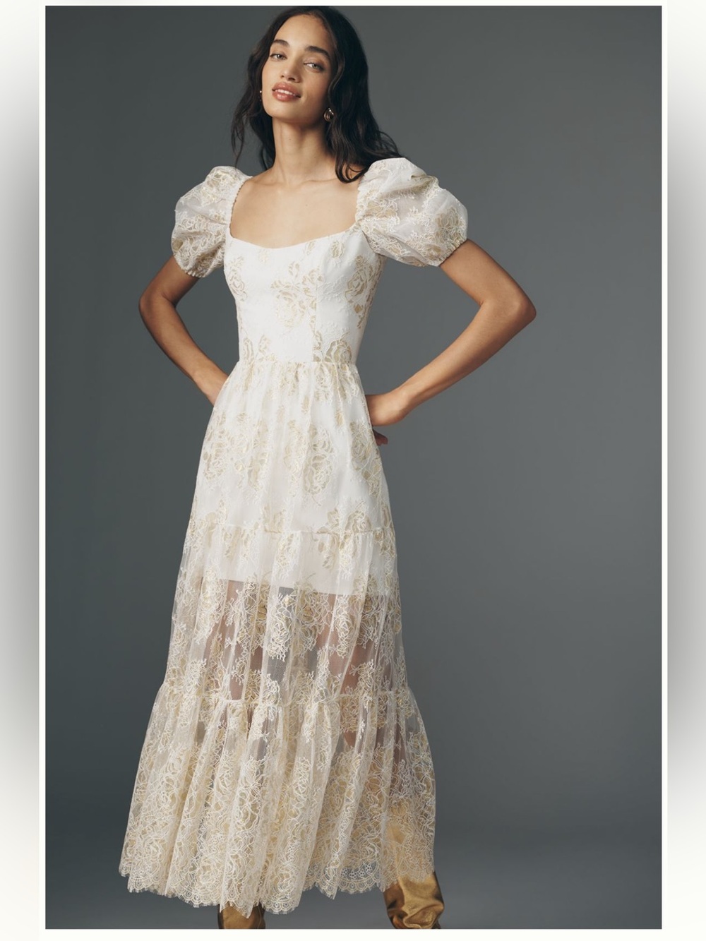 Anthropologie Helsi Ivory and Gold Lace Puff-Sleeve Maxi Dress - Picture 1 of 6